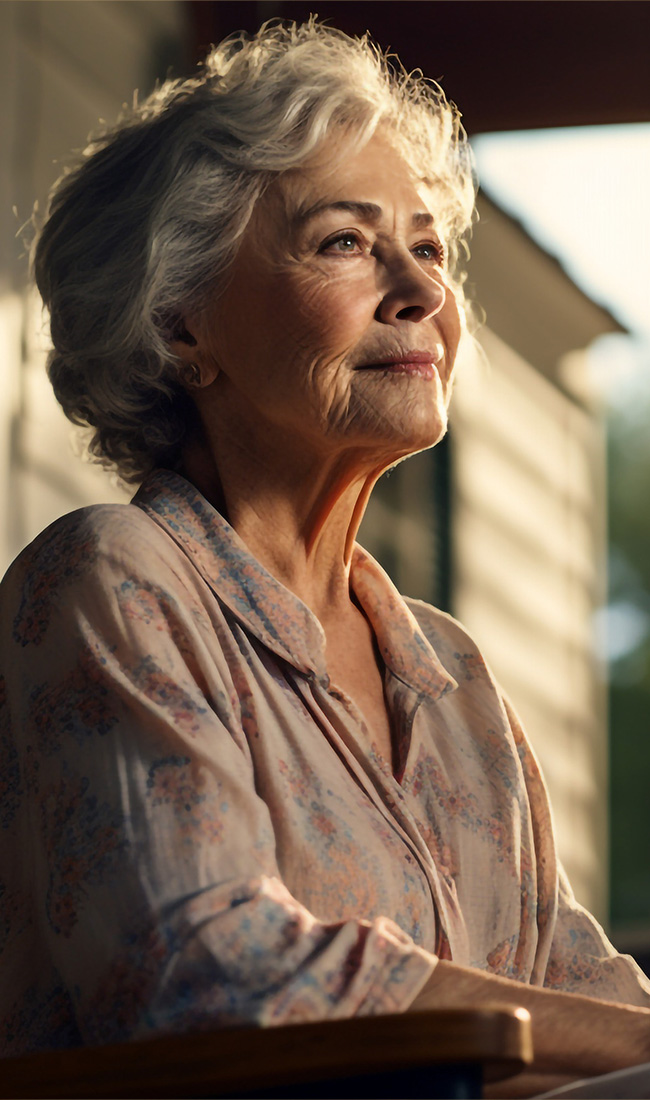 Senior woman on porch thinking